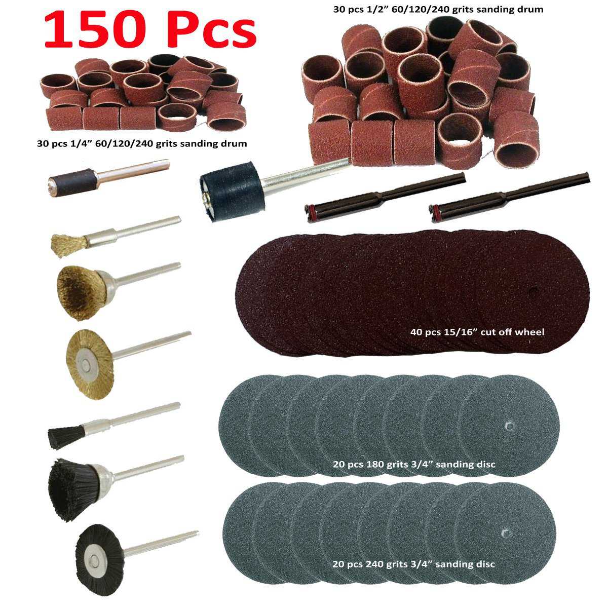 MTP  150 Pcs Rotary Power Tool Accessory Kits Set Suit for Dremel 3000 4000 8220-2/28 395 7700-1/15 4000 3/34 , Milwaukeen Nextec 1/8' Shank Hobbyy Clean Polish Sanding Drum Brass Nylon Wheel