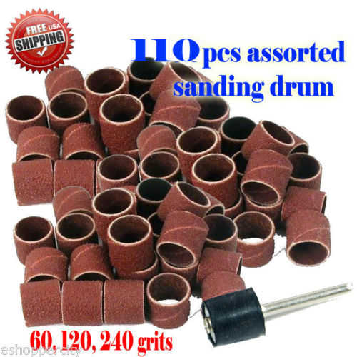 MTP 110+1 Pcs Assorted Grits with Rubber Mandrel Rotary Tool Sanding Drum 1/2' x 1/2' For Dremel Foredom 1/8' Craftsman (60/120/240 Grits) Abrasive