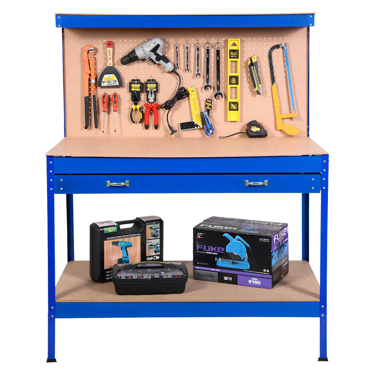 Costway Work Bench Tool Storage Steel Tool Workshop Table W/ Drawer and Peg Board Blue